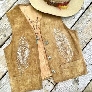 UPCYCLED Suede leather boho vest rustic native metalic feather artisan feather